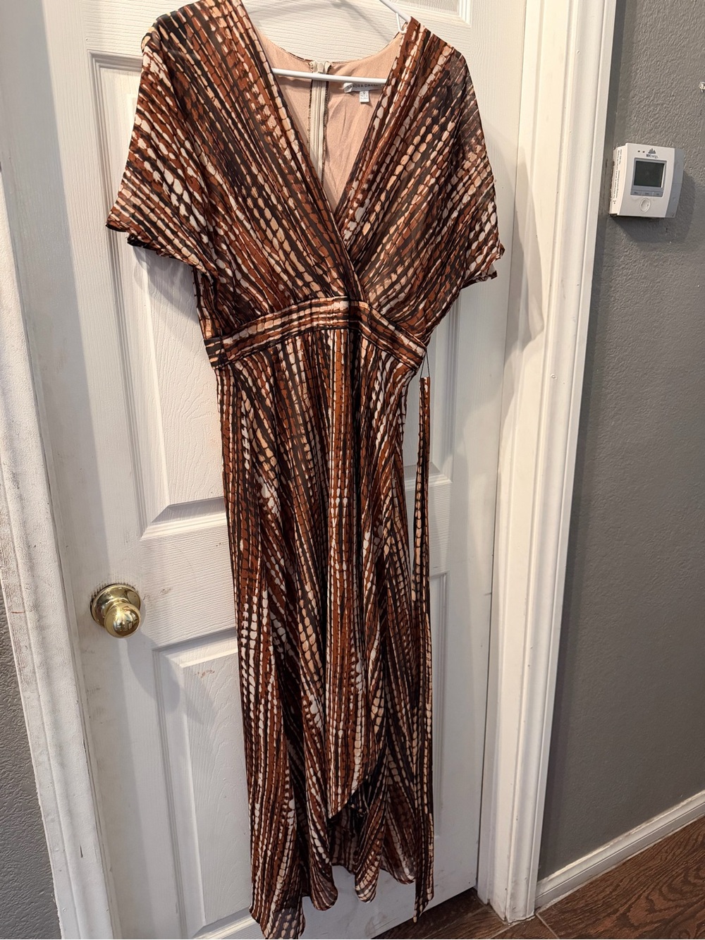 Brown Patterned V-Neck Wrap Maxi Dress